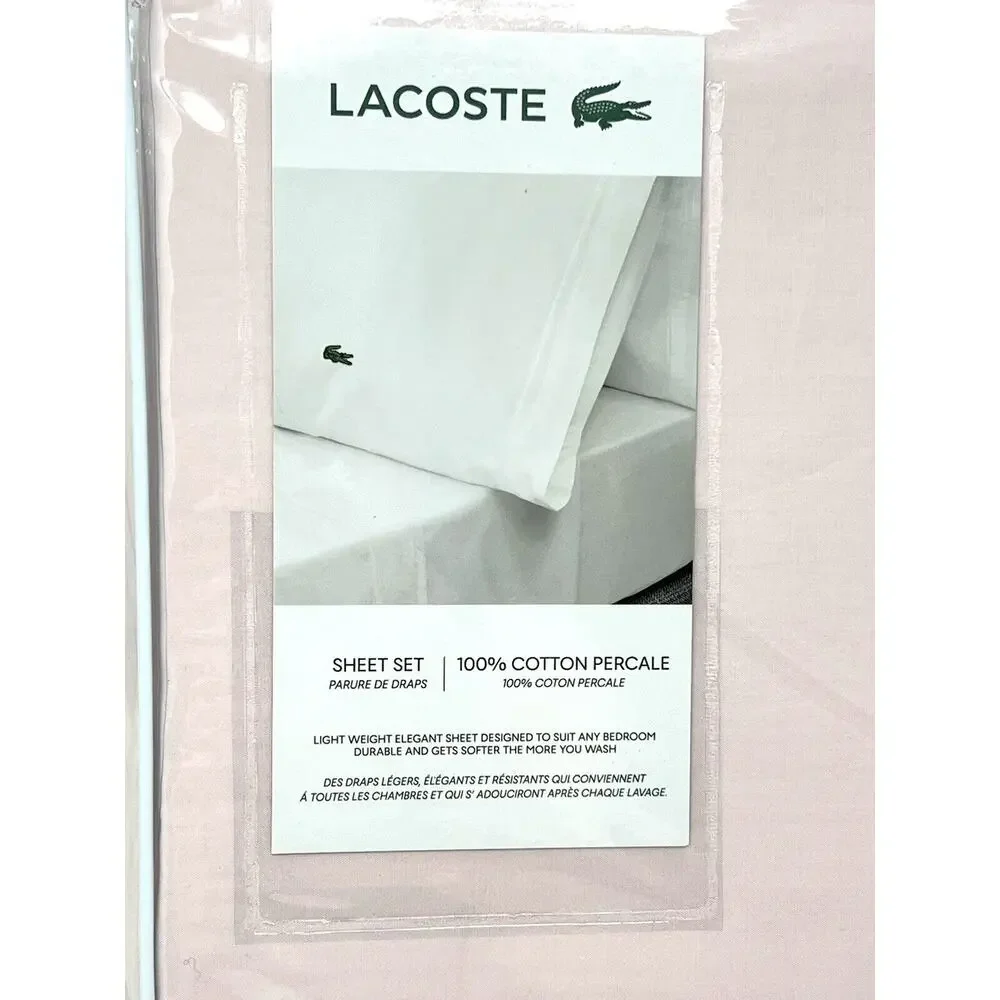 Lacoste KING Sheet Set Iced Pink 100% Cotton Percale Crocodile Logo 4 Pieces